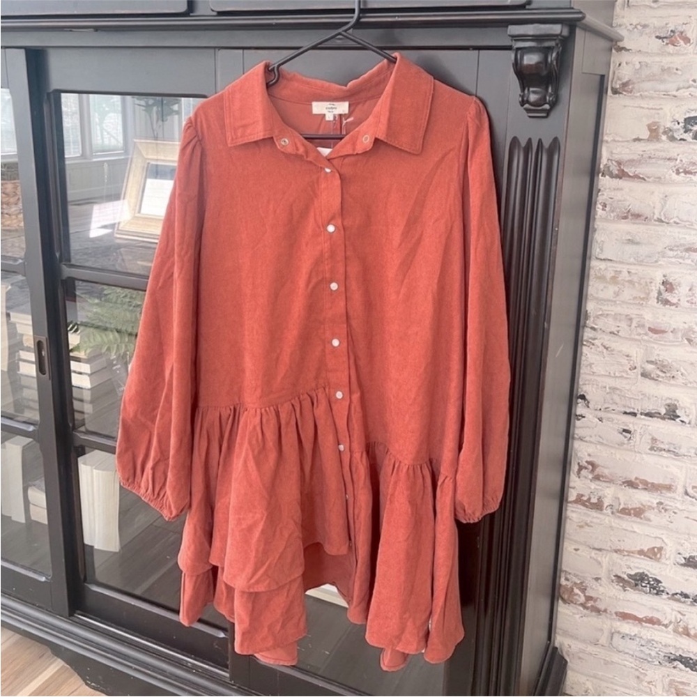 NWT Entro Courderoy Long Sleeve Dress. Ruffle Hem | Women’s Sz-L Rust - Picture 2 of 8